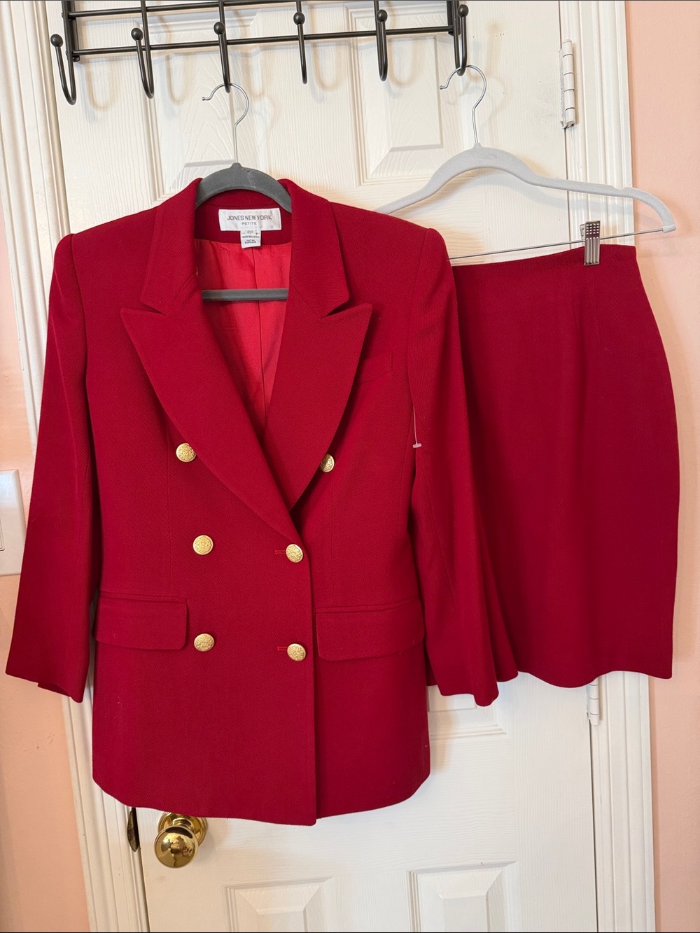Jones New York Red Double-Breasted Blazer with Matching Skirt